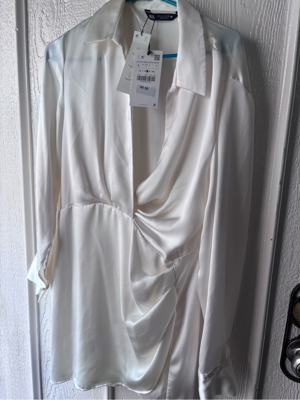 Zara White Satin Drape-Front Blouse